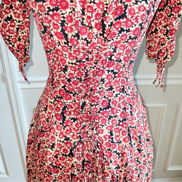 Free People Laced Up Corset Mid Sleeve Floral Mini Dress in Black Combo Size XS - Picture 5 of 6